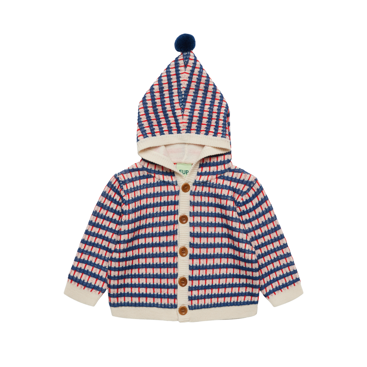 FUB Baby Multi Cardigan in ecru, deep indigo and classic red